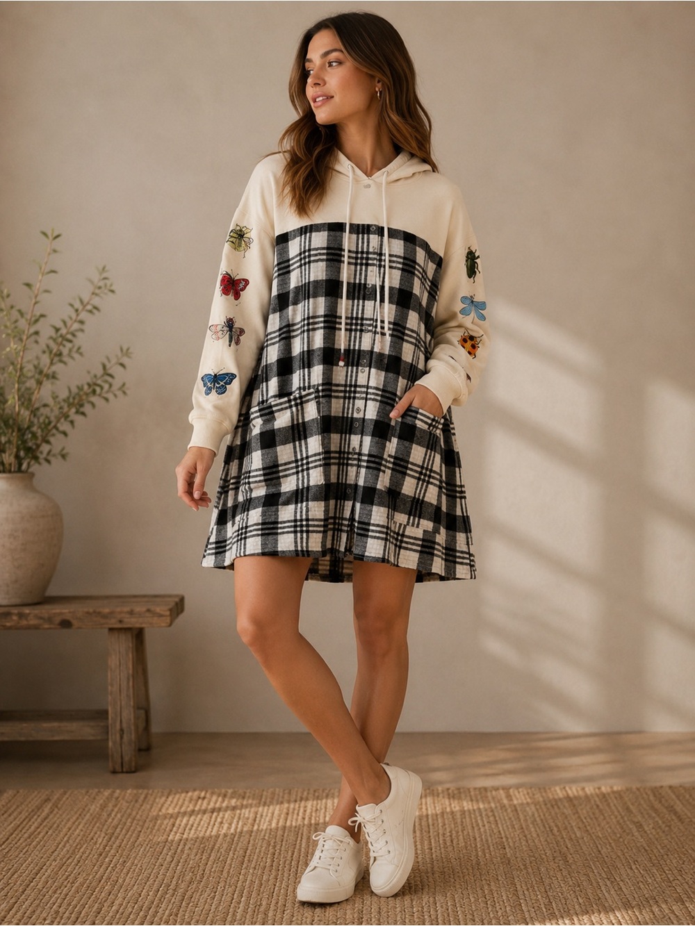 Desigual Cream Hoodie Dress with Black & White Plaid